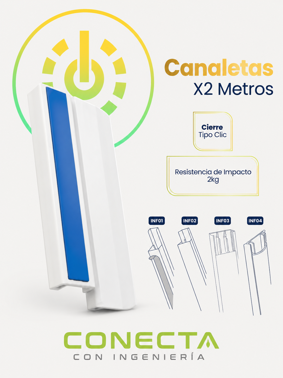 CANALETA PVC PARA CABLEADO | 2 METROS | CIERRE TIPO CLIC | ALTA RESISTENCIA