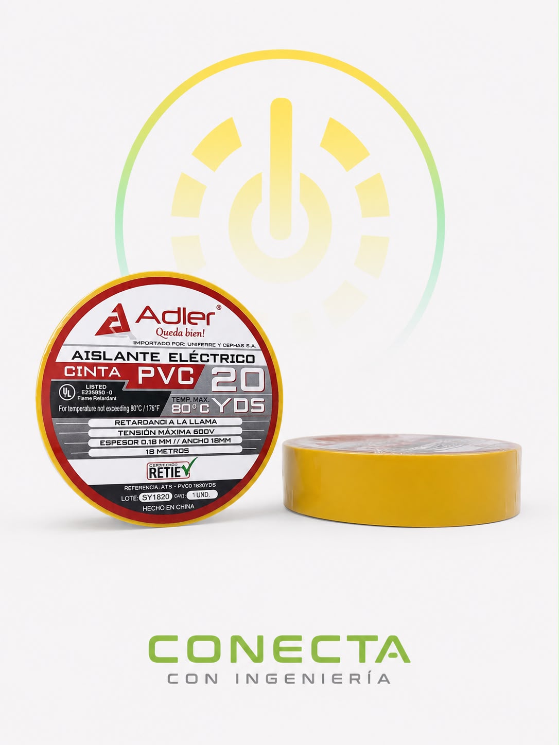 Cinta PVC | Aislante Electrico | Amarillo | 20 YDS | 80° Temp. MAX